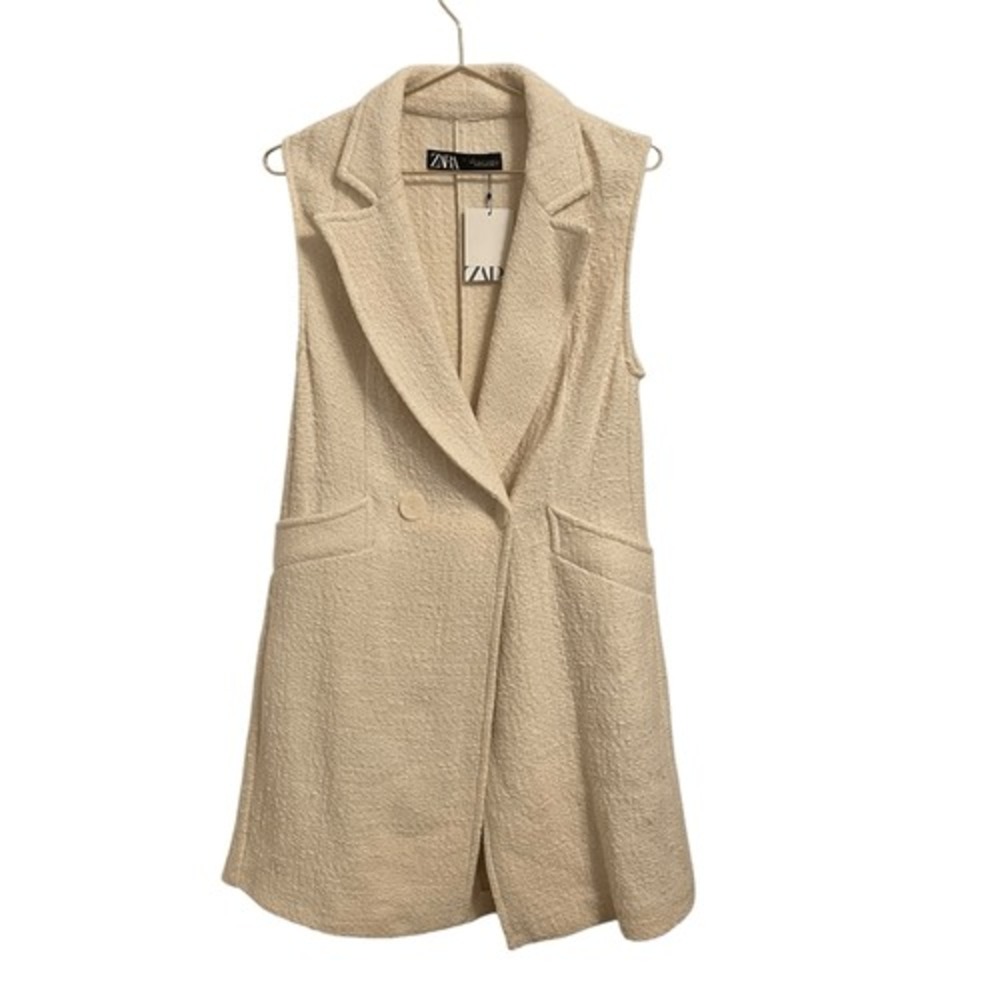 Zara Womens Cream Textured Sleeveless Longline Vest Coat Size S New